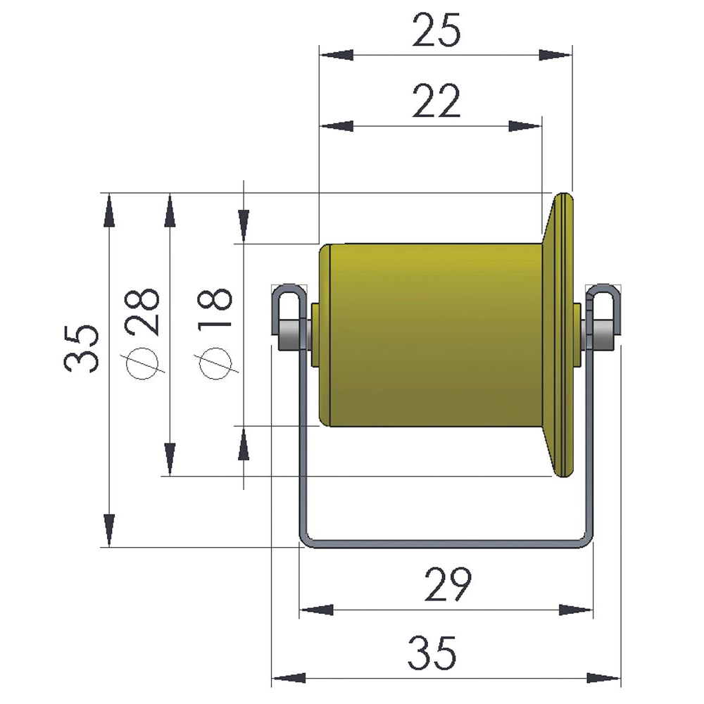 Röllchen-U-Leisten, Profil 26x29x26 mm,verzinkt,Kunststoffrolle mit Spurkranz,Durchm. 18/28 mm,Traglast 6 kg/Rolle,Achsabstand 33 mm