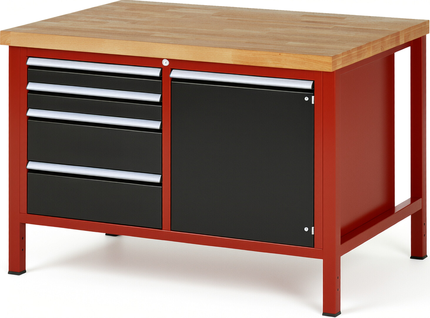 Werkbank Modell 8470 rot - schwarz, BxTxH 1250x900x840-1040 mm,  Buche-Massiv Arbeitsplatte 40 mm,  4 Schubladen mit  Auszug 90 %