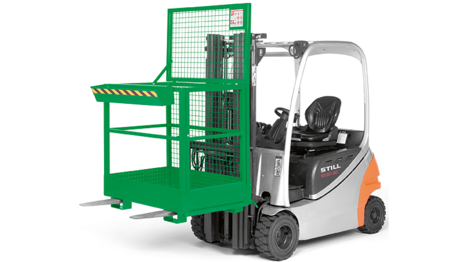 Arbeitskorb, mit Aufnahme von der breiten Seite, Zulässig für 2 Personen, BxTxH 1200x800x1910 mm, Traglast 300 kg, RAL 6018 gelbgrün