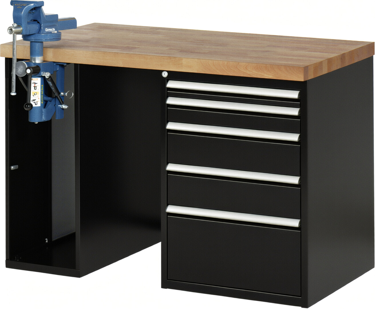 RAU Werkbank schwarz - Breite 125 cm - Tiefe 70 cm - Höhe 89 cm - Buche-Massiv Arbeitsplatte 40 mm