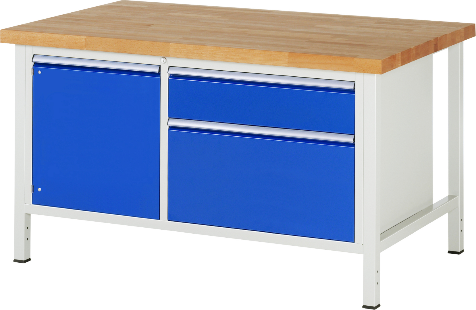 Werkbank Modell 8651 schwarz, BxTxH 1500x900x840-1040 mm,  Buche-Massiv Arbeitsplatte 40 mm,  2 Schubladen mit  Auszug 90 %