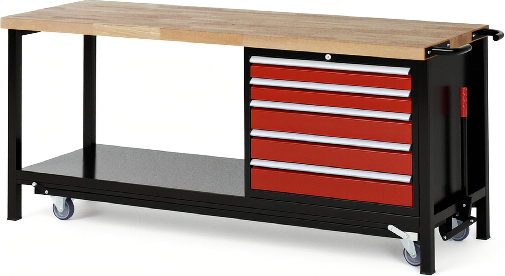 RAU Werkbank schwarz - rot - Breite 200 cm - Tiefe 70 cm - Höhe 88 cm - Buche-Massiv Arbeitsplatte 40 mm