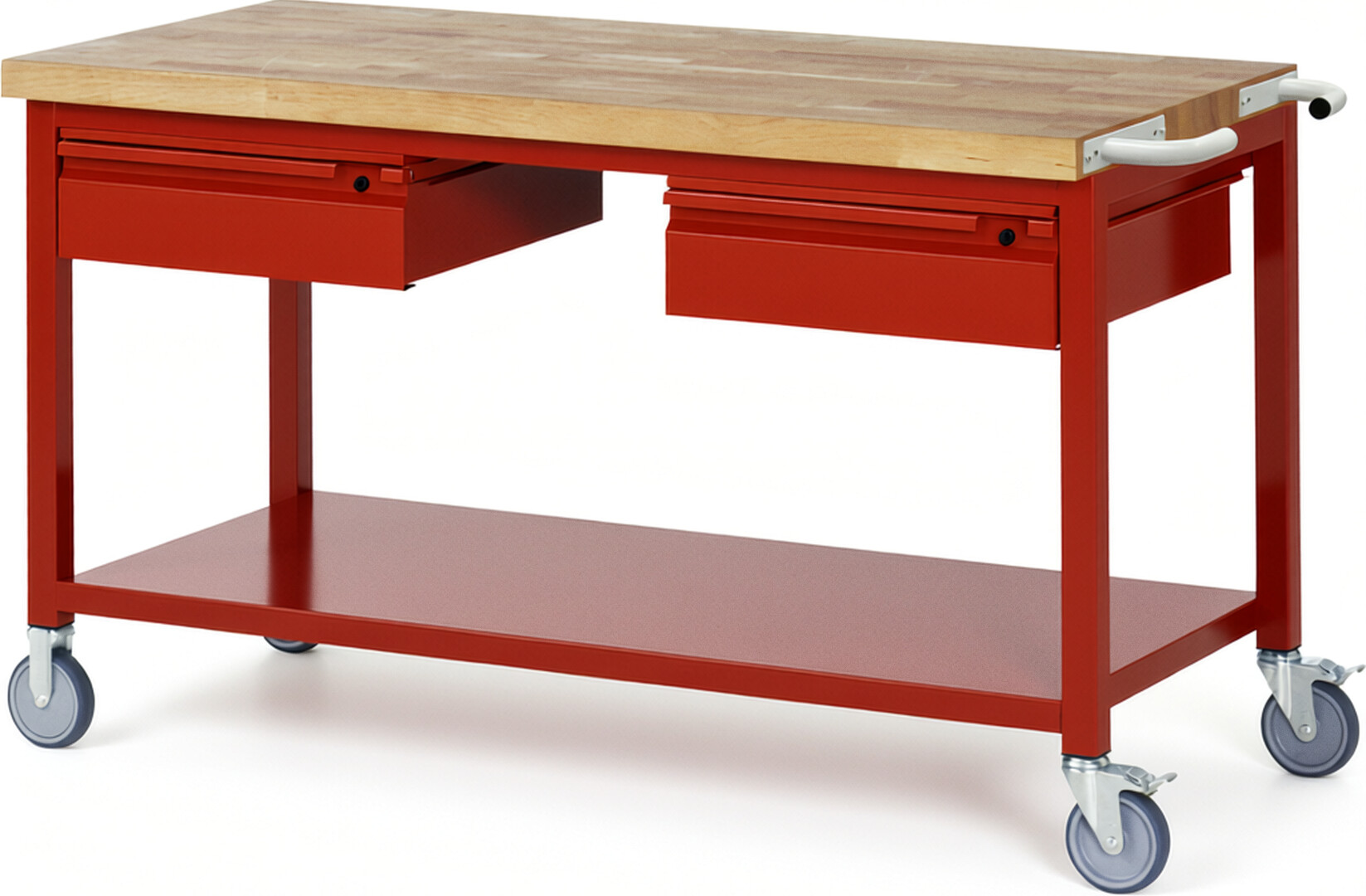 Fahrbare Werkbank - Modell 8002 BASIC rot, BxTxH 1500x700x880 mm,  Buche-Massiv Arbeitsplatte 40 mm,  2 Schubladen mit  Auszug 90 %