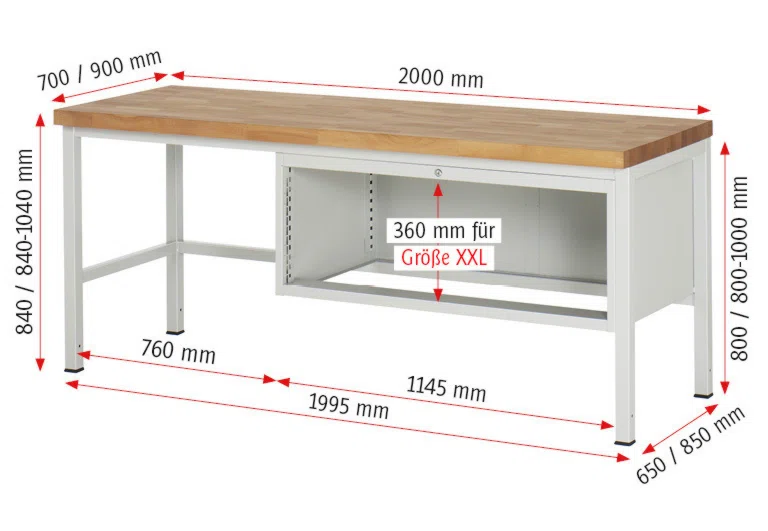 Werkbank Modell 8327 schwarz-rot, BxTxH 2000x900x840 mm,  Buche-Massiv Arbeitsplatte 40 mm,  3 Schubladen mit  Vollauszug 100 % und  SoftClosing