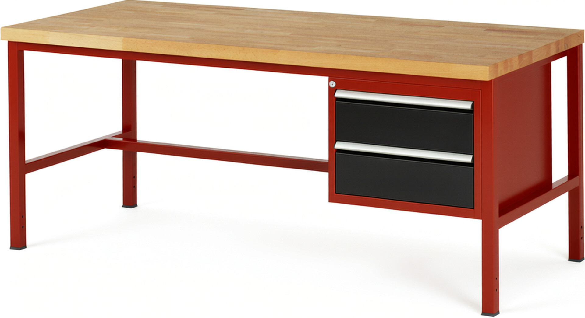 Werkbank Modell 8125 rot - schwarz, BxTxH 2000x900x840-1040 mm,  Buche-Massiv Arbeitsplatte 40 mm,  2 Schubladen mit  Auszug 90 %