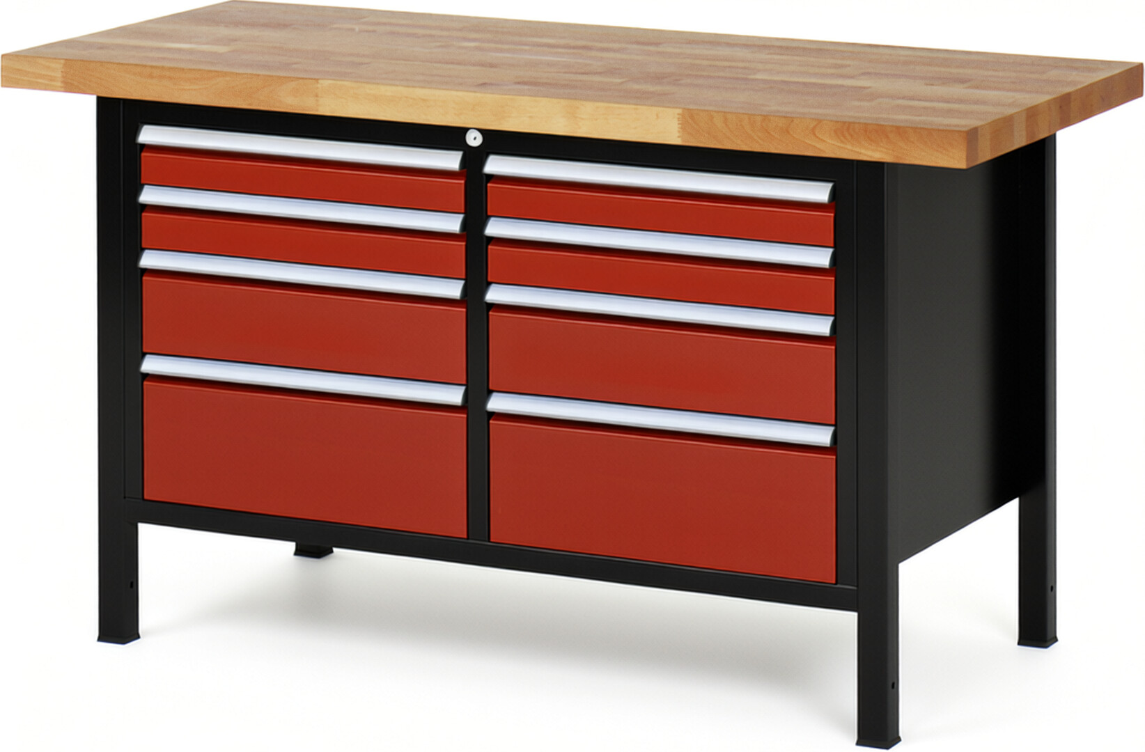 Werkbank Modell 8478 schwarz-rot, BxTxH 1500x700x840-1040 mm,  Buche-Massiv Arbeitsplatte 40 mm,  8 Schubladen mit  Vollauszug 100 % und  SoftClosing