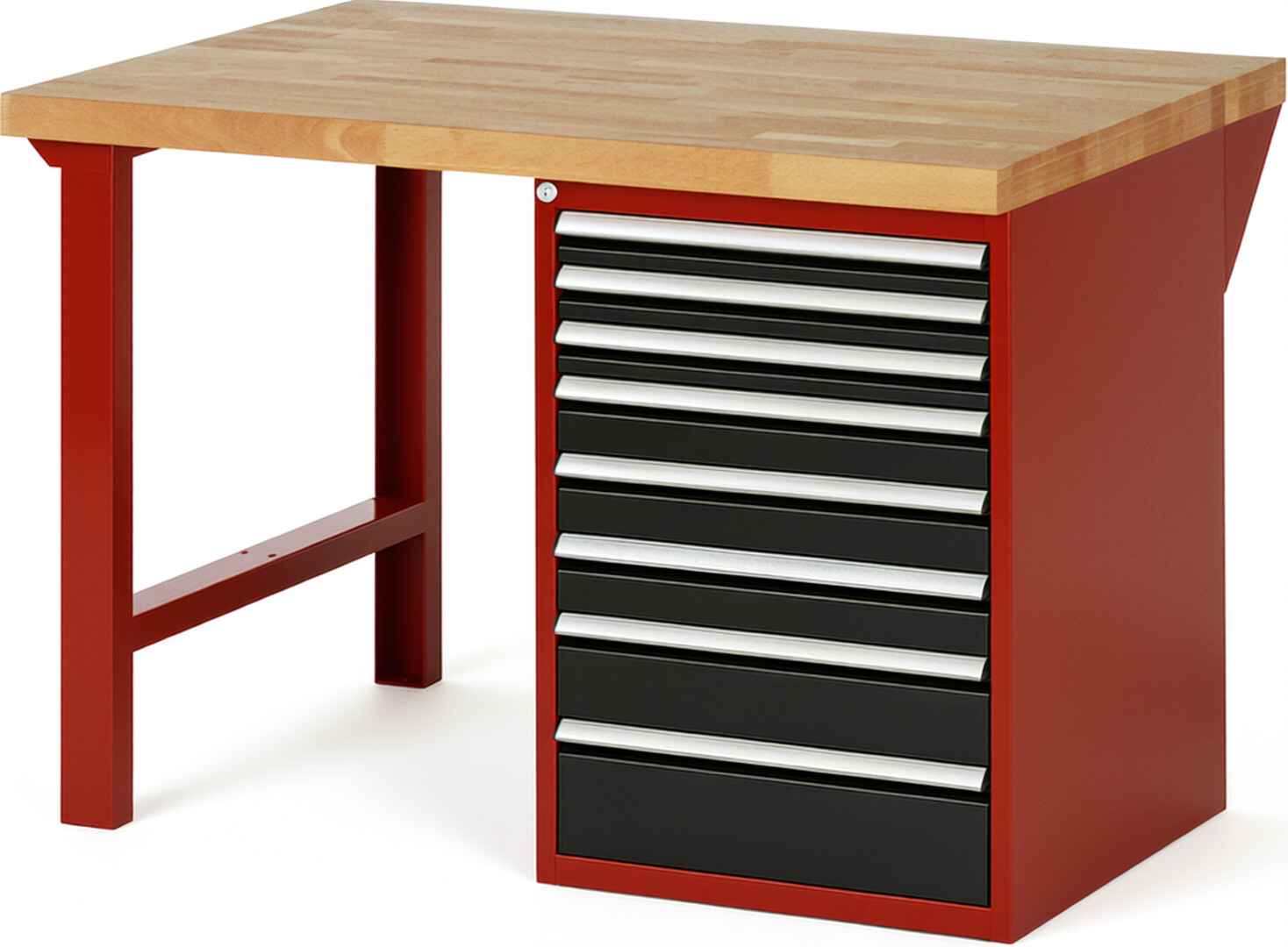 RAU Werkbank rot - schwarz - Breite 125 cm - Tiefe 90 cm - Höhe 89 cm - Buche-Massiv Arbeitsplatte 40 mm