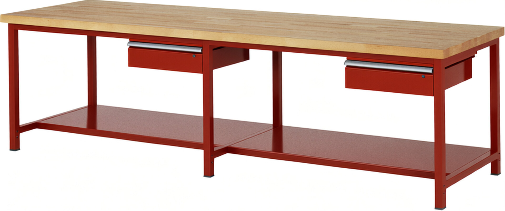 Werkbank Modell 8001 rot, BxTxH 3000x900x840 mm,  Buche-Massiv Arbeitsplatte 40 mm,  2 Schubladen mit  Auszug 90 %