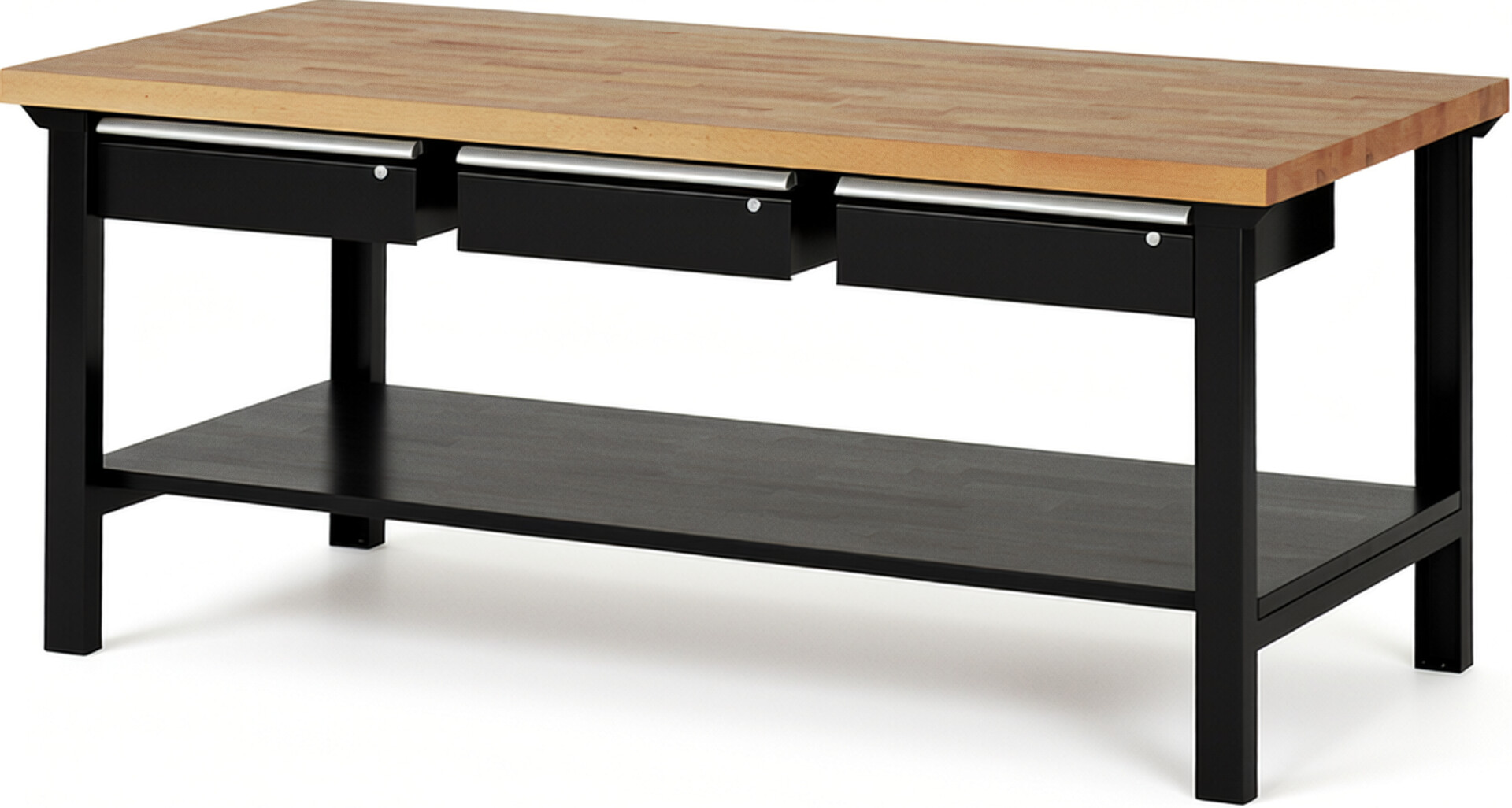 RAU Werkbank schwarz - Breite 200 cm - Tiefe 90 cm - Höhe 84 cm - Buche-Massiv Arbeitsplatte 40 mm