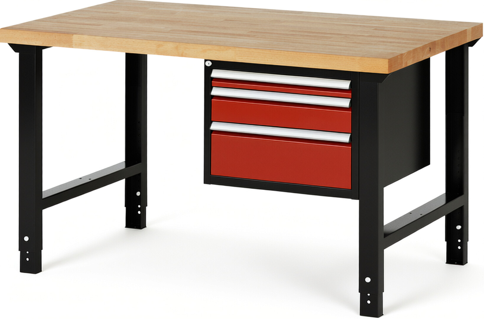 RAU Werkbank schwarz - rot - Breite 150 cm - Tiefe 90 cm - Höhe 114 cm - Buche-Massiv Arbeitsplatte 40 mm