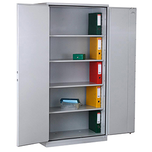 Aktenschrank mit Flügeltüren, Büroschrank, feuergeschützt, BxTxH 1200x500x1950 mm, 2 Türen, 4 Böden, Kapazität 75 Ordner, RAL 7035 lichtgrau