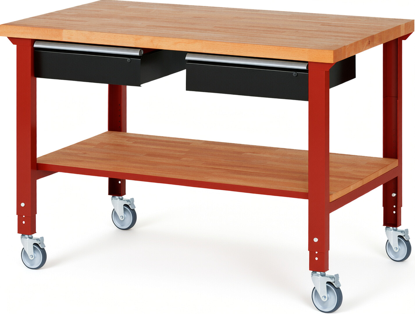 RAU Werkbank rot - schwarz - Breite 150 cm - Tiefe 90 cm - Höhe 100 cm - Buche-Massiv Arbeitsplatte 40 mm