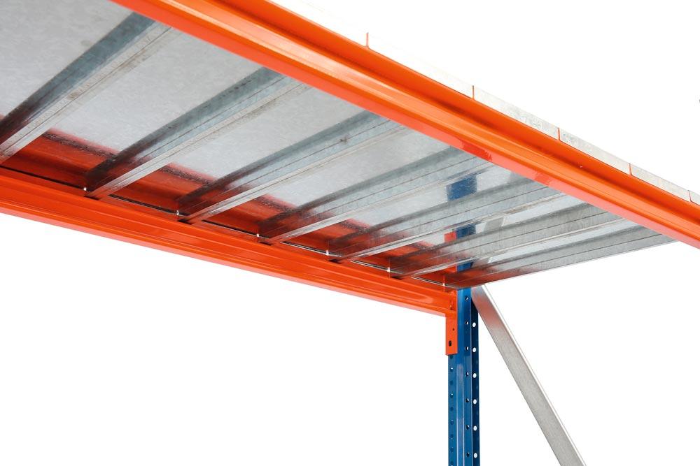 Zusatzebene für Weitspannregal, bestehend aus Auflageträger-Paar und Stahlpaneele, BxT 1850x800 mm, Fachlast 580 kg