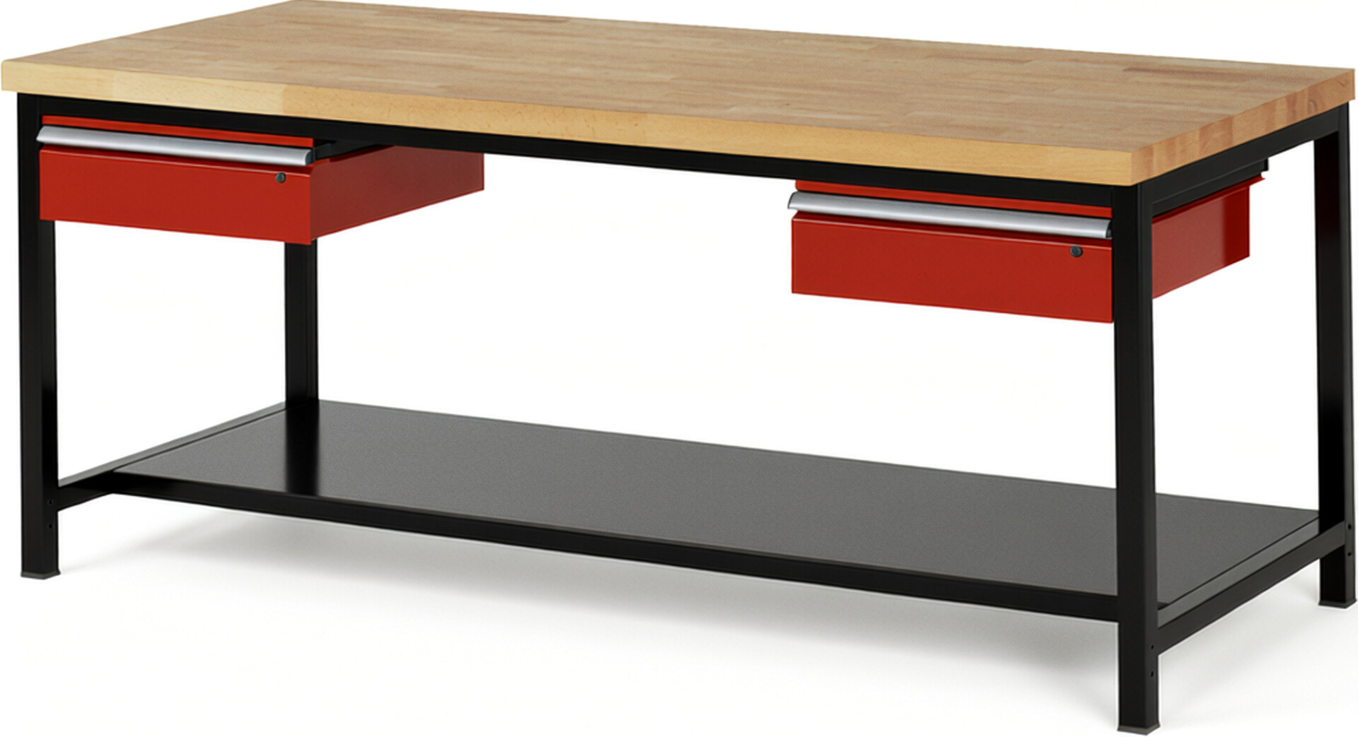 RAU Werkbank schwarz - rot - Breite 200 cm - Tiefe 90 cm - Höhe 104 cm - Buche-Massiv Arbeitsplatte 40 mm