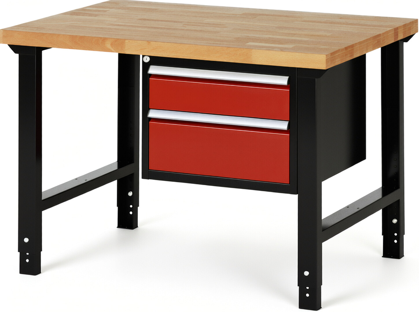 RAU Werkbank schwarz - rot - Breite 125 cm - Tiefe 90 cm - Höhe 114 cm - Buche-Massiv Arbeitsplatte 40 mm