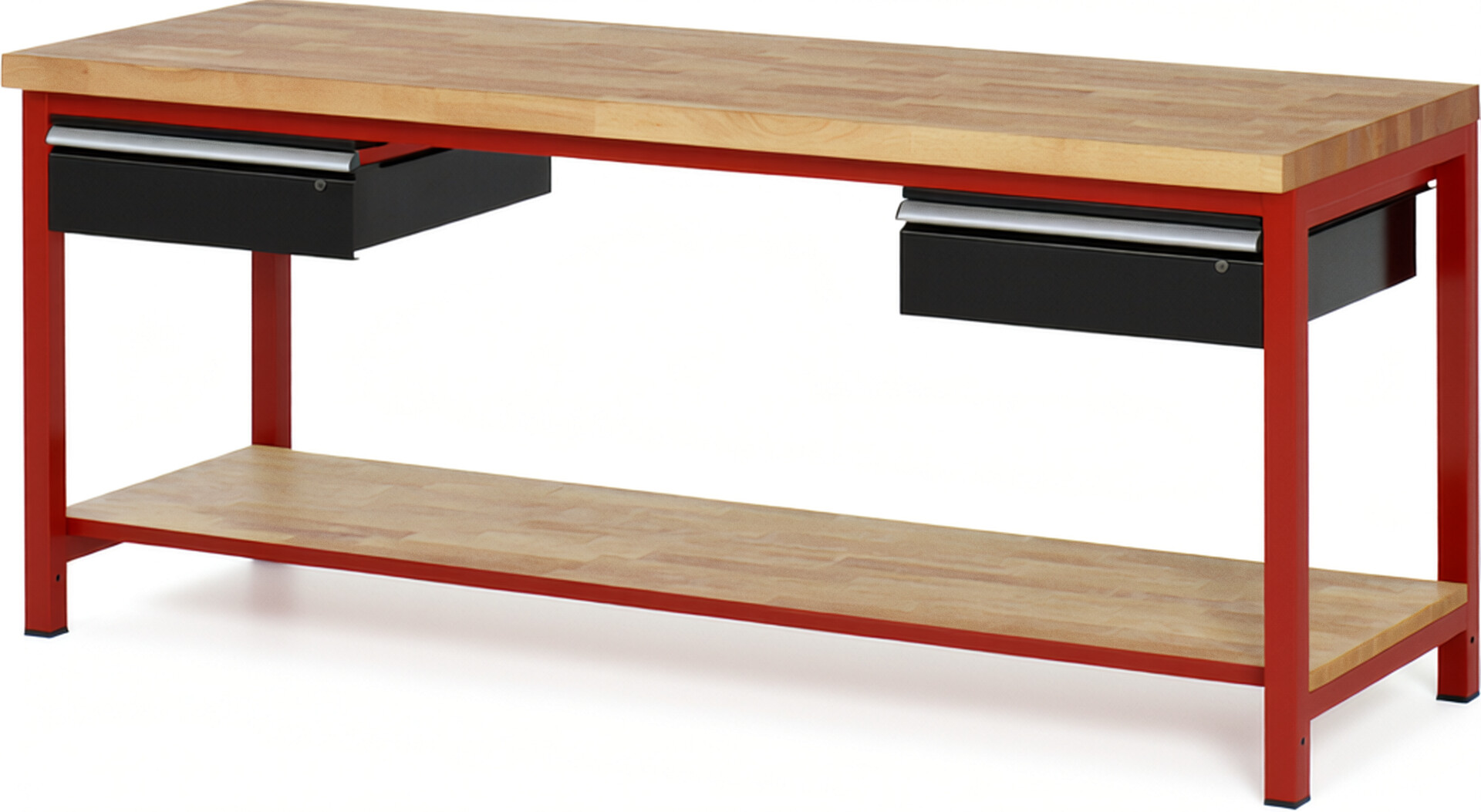 RAU Werkbank rot - schwarz - Breite 200 cm - Tiefe 70 cm - Höhe 104 cm - Buche-Massiv Arbeitsplatte 40 mm