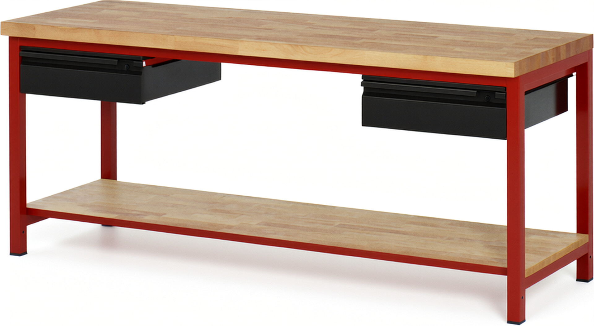 Werkbank - Modell 8002 BASIC rot - schwarz, BxTxH 2000x700x840-1040 mm,  Buche-Massiv Arbeitsplatte 40 mm,  2 Schubladen mit  Auszug 90 %