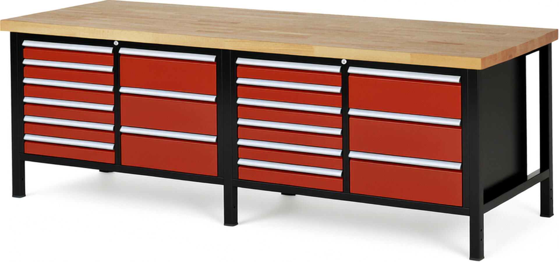 RAU Werkbank schwarz - rot - Breite 250 cm - Tiefe 90 cm - Höhe 84 cm - Buche-Massiv Arbeitsplatte 40 mm