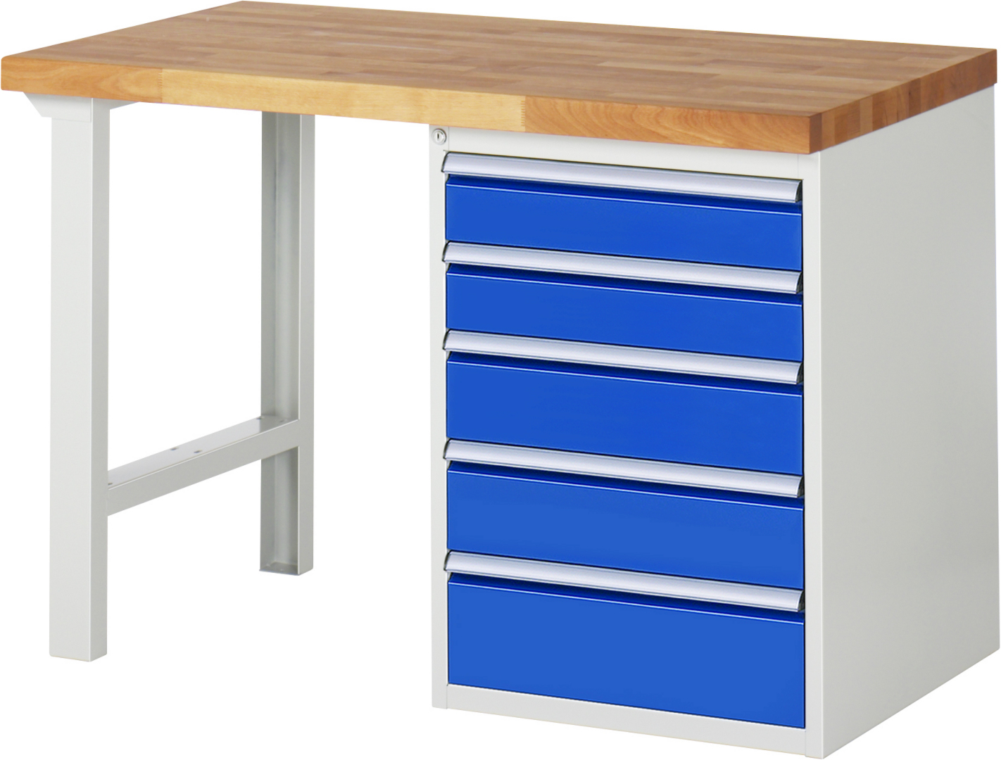 Werkbank Modell 7513 rot - schwarz, BxTxH 1250x700x890 mm,  Buche-Massiv Arbeitsplatte 40 mm,  5 Schubladen mit  Auszug 90 %