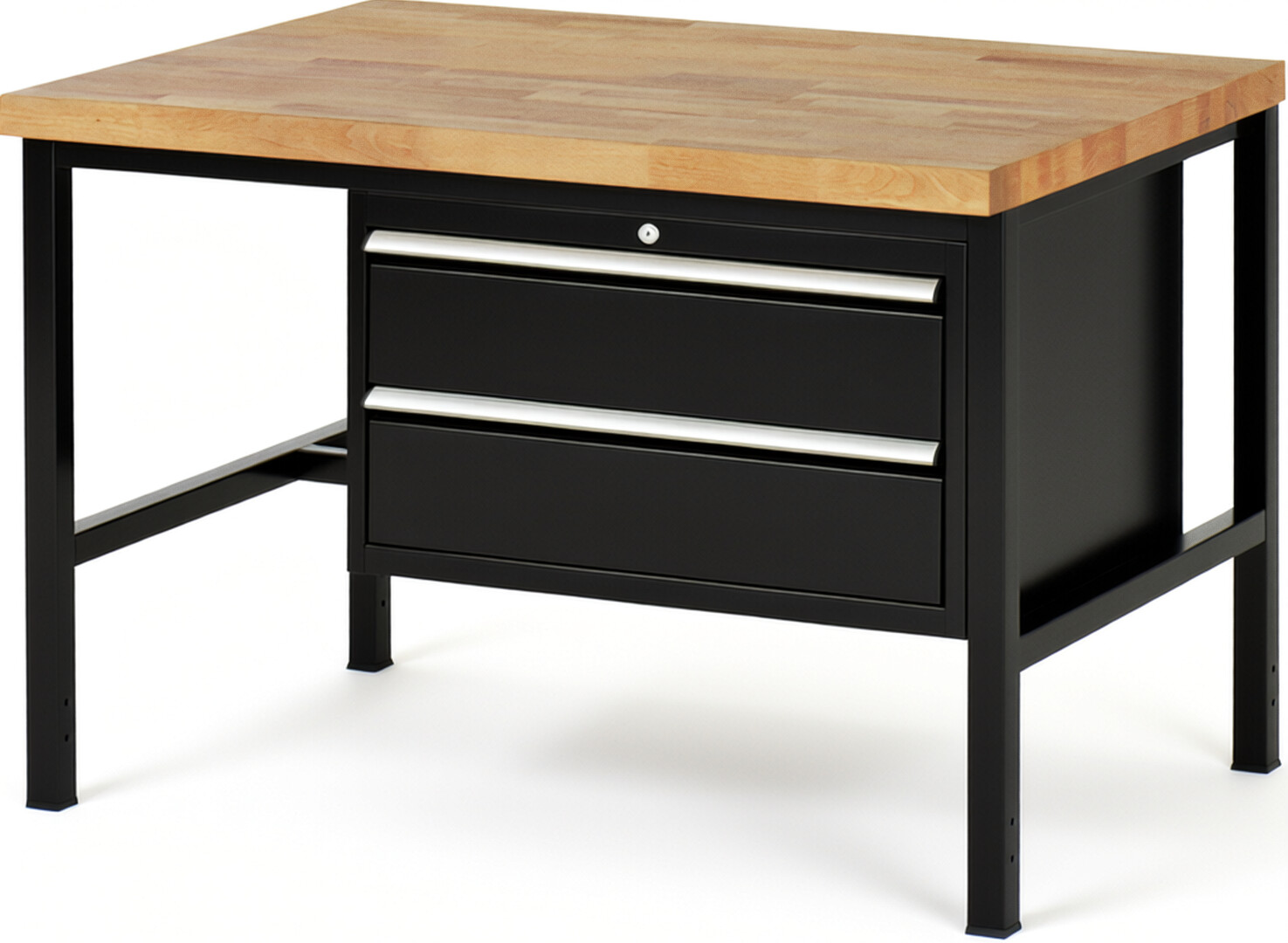 Werkbank Modell 8225 schwarz, BxTxH 1250x900x840-1040 mm,  Buche-Massiv Arbeitsplatte 40 mm,  2 Schubladen mit  Vollauszug 100 % und  SoftClosing