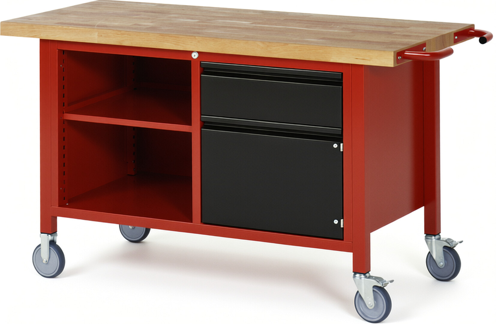 RAU Werkbank rot - schwarz - Breite 150 cm - Tiefe 70 cm - Höhe 88 cm - Buche-Massiv Arbeitsplatte 40 mm
