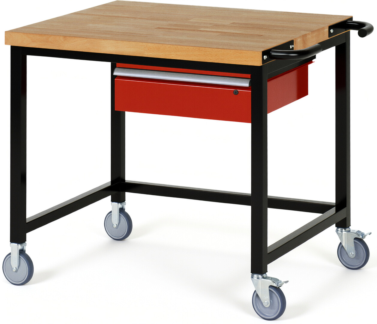 Fahrbare Werkbank Modell 8001 schwarz-rot, BxTxH 1000x900x880-1080 mm,  Buche-Massiv Arbeitsplatte 40 mm,  1 Schublade mit  Auszug 90 %