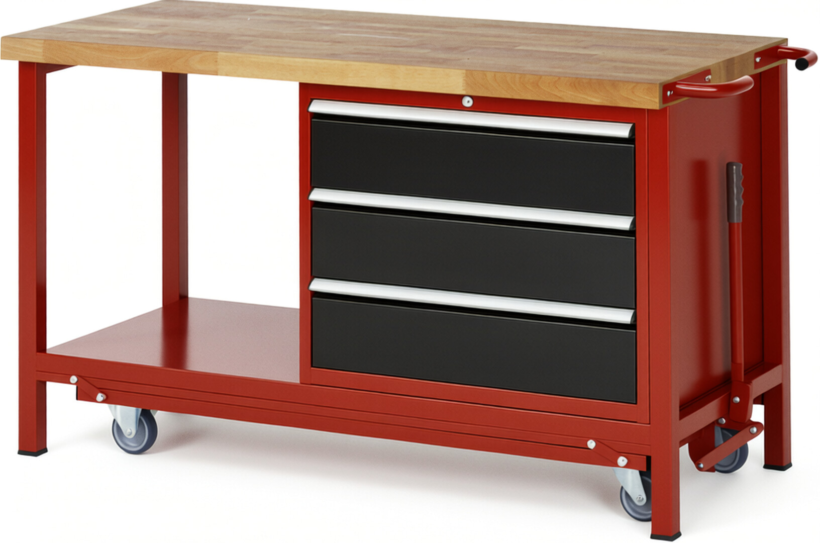 RAU Werkbank rot - schwarz - Breite 150 cm - Tiefe 70 cm - Höhe 88 cm - Buche-Massiv Arbeitsplatte 40 mm