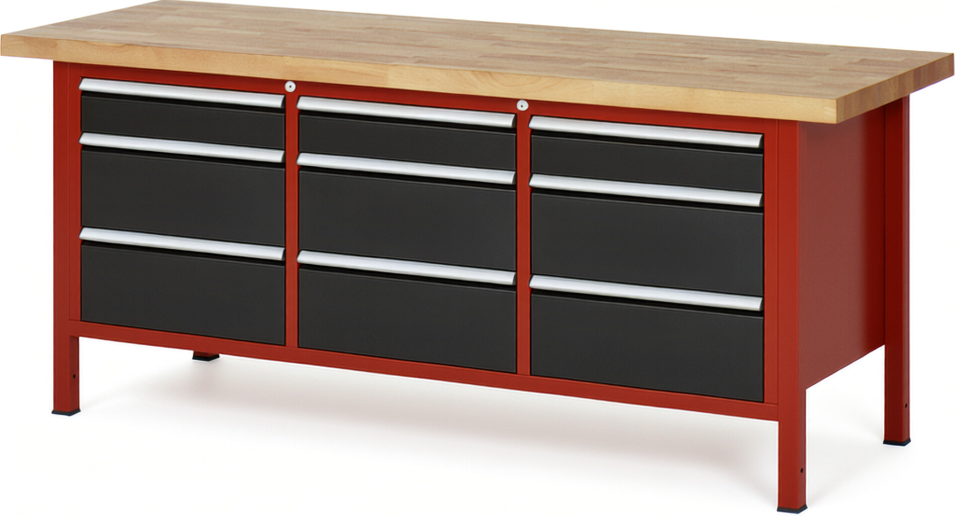 Werkbank Modell 8573 rot - schwarz, BxTxH 2000x700x840-1040 mm,  Buche-Massiv Arbeitsplatte 40 mm,  9 Schubladen mit  Vollauszug 100 % und  SoftClosing