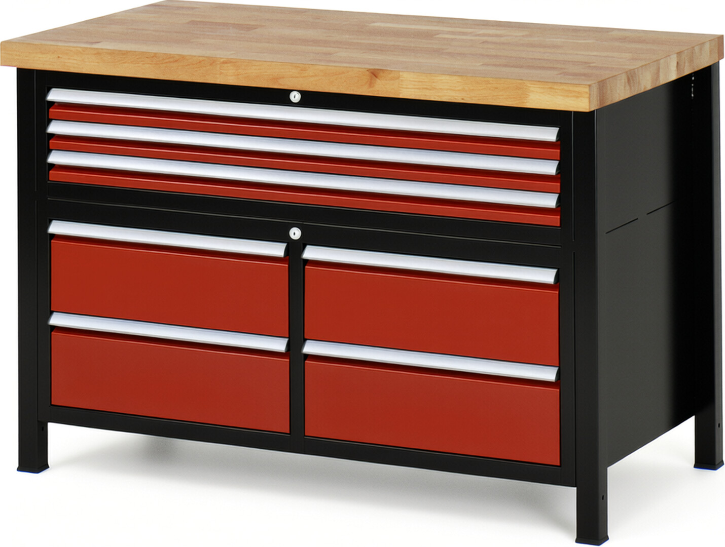 RAU Werkbank schwarz - rot - Breite 125 cm - Tiefe 70 cm - Höhe 104 cm - Buche-Massiv Arbeitsplatte 40 mm