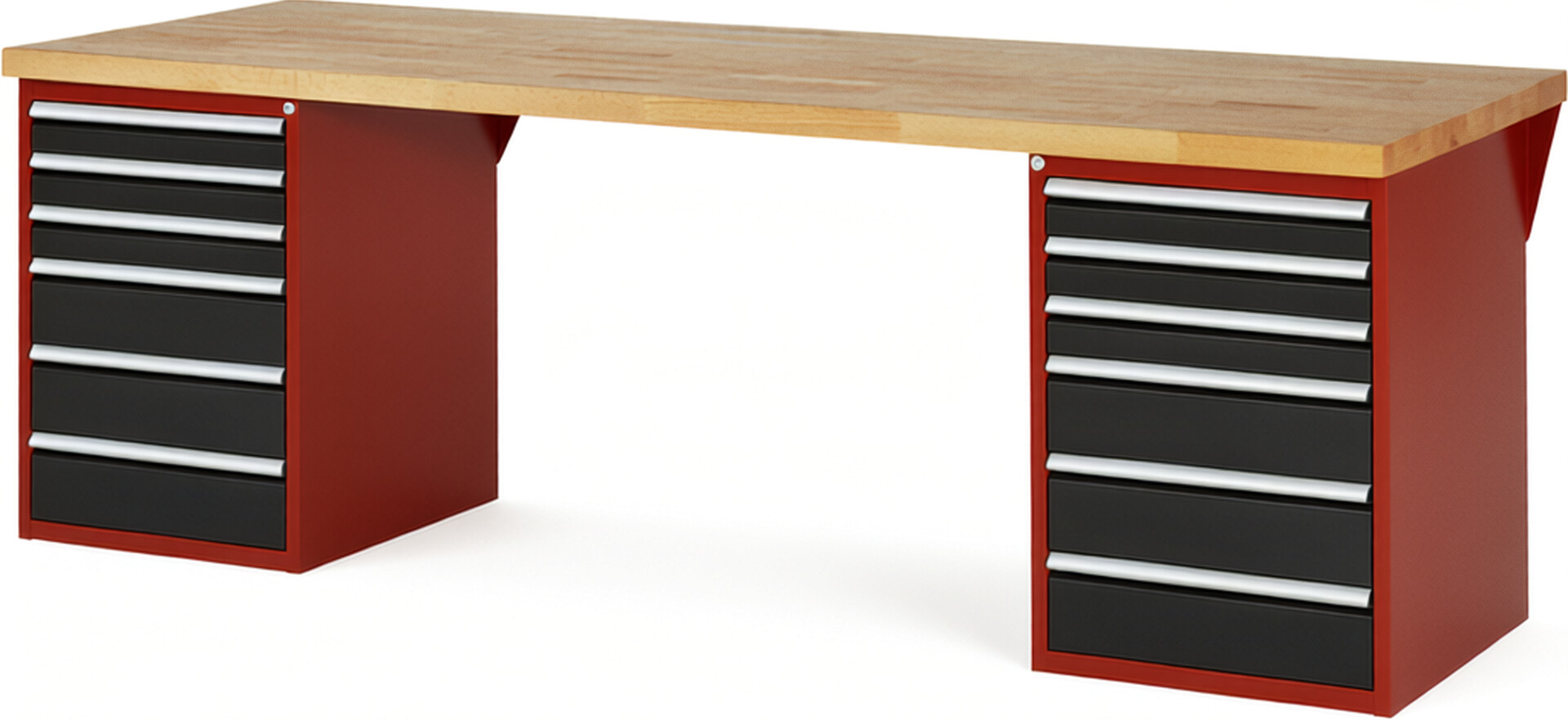 RAU Werkbank rot - schwarz - Breite 250 cm - Tiefe 90 cm - Höhe 84 cm - Buche-Massiv Arbeitsplatte 40 mm