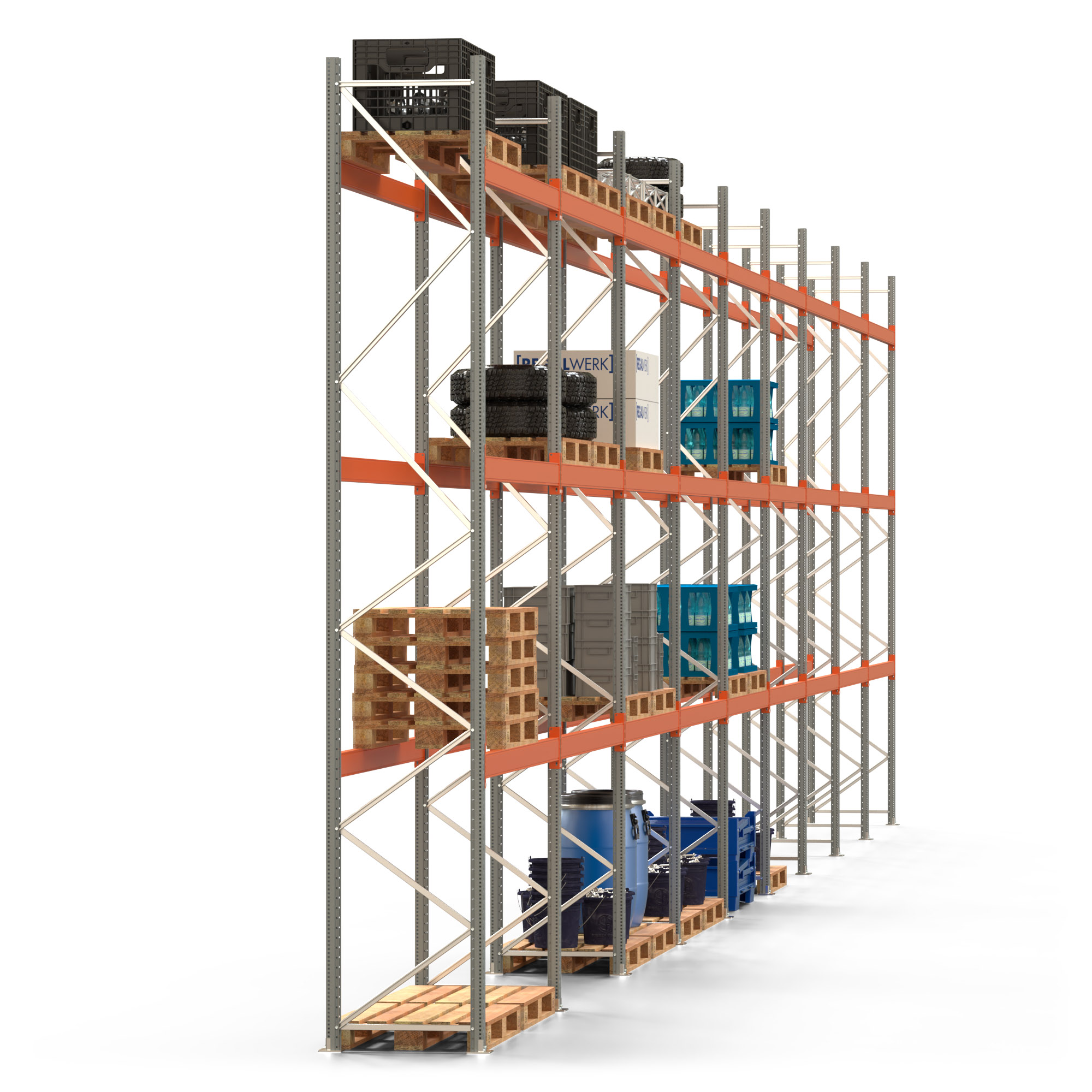 Palettenregal ARTUS - Breite 2515 cm - Höhe 500 cm - Tiefe 80 cm - 3 Träger-Ebenen - Fachlast 3000 kg - 72 Palettenstellplätze