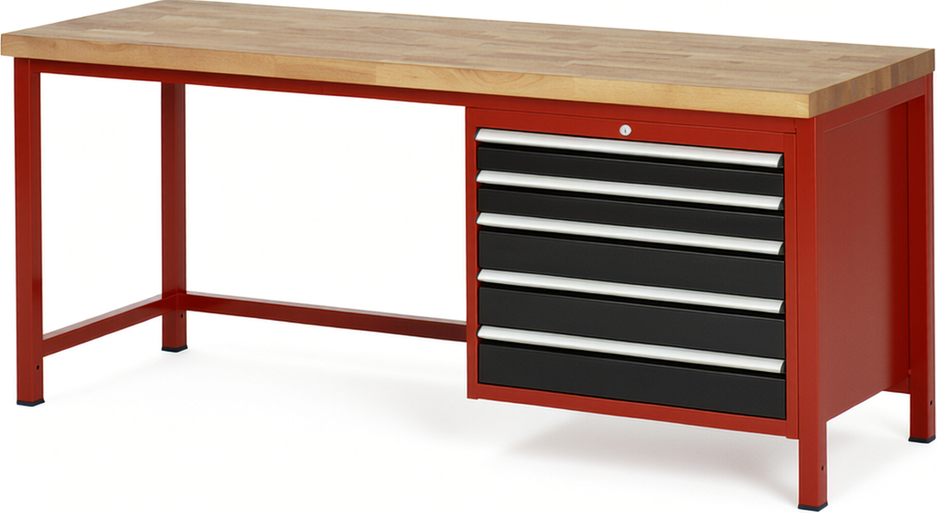 Werkbank Modell 8271 rot - schwarz, BxTxH 2000x700x840-1040 mm,  Buche-Massiv Arbeitsplatte 40 mm,  5 Schubladen mit  Vollauszug 100 % und  SoftClosing