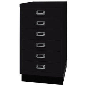 Schubladenschrank aus Stahl, BxTxH 349x432x670 mm, 6 Schubladen 87 mm, DIN A3, Sockel 80 mm hoch, schwarz
