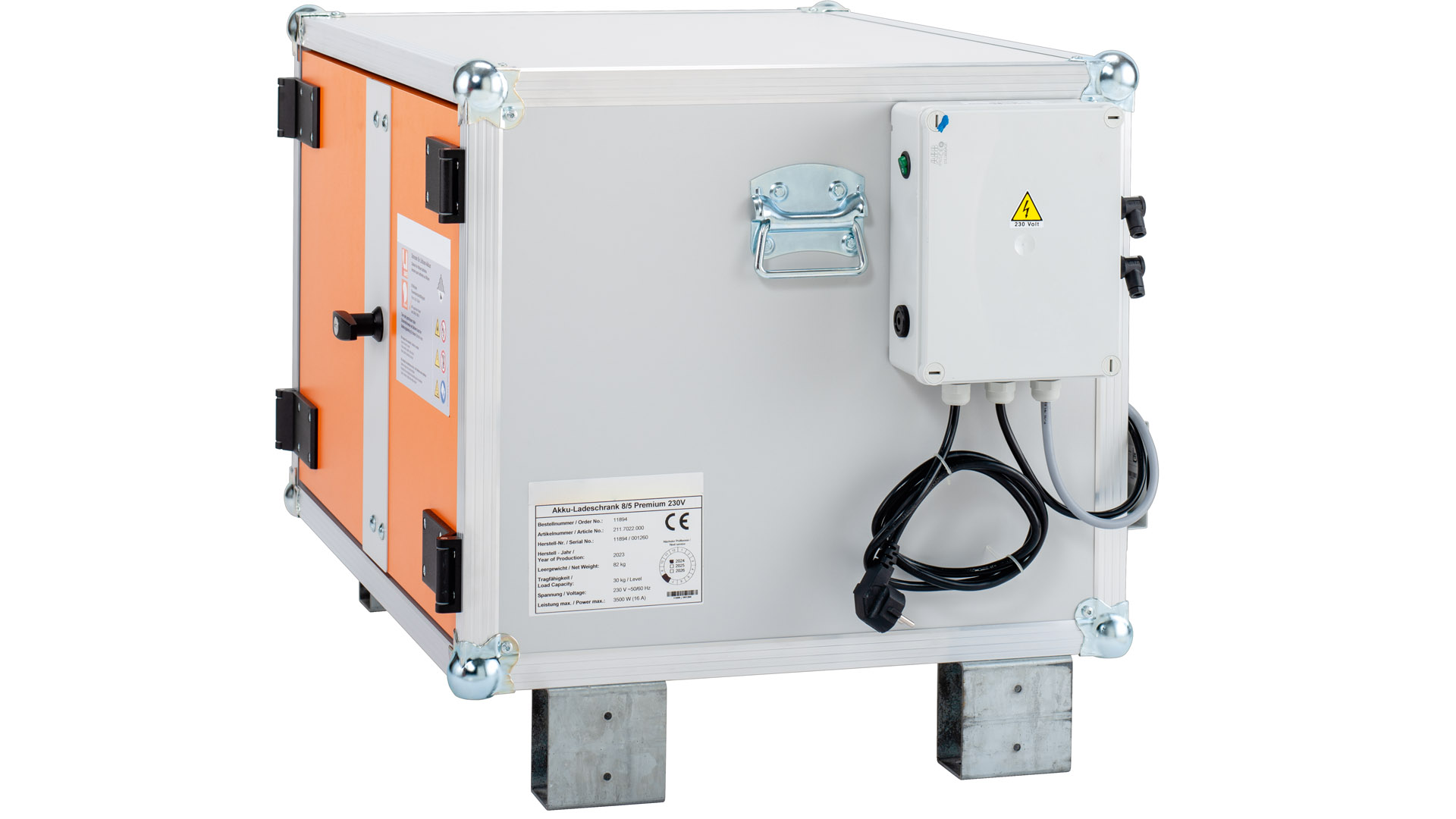 Akku-Ladeschrank, Premium, strombetriebener Rauchmelder, BxTxH 890x660x620 mm, Tür orange, Stapelfüße, Korpus grau