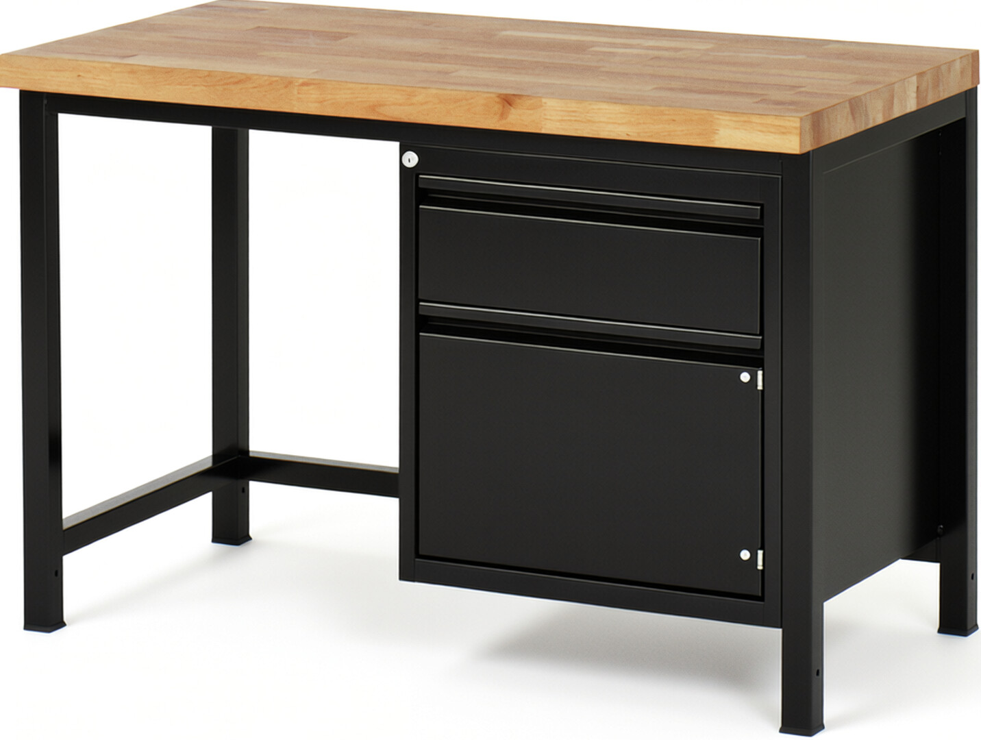 Werkbank schwarz, BxTxH 1250x700x840-1040 mm, Platte Buche 40 mm, 1 Schublade 180 mm, 1 Tür 360 mm, RAL 9011/9011