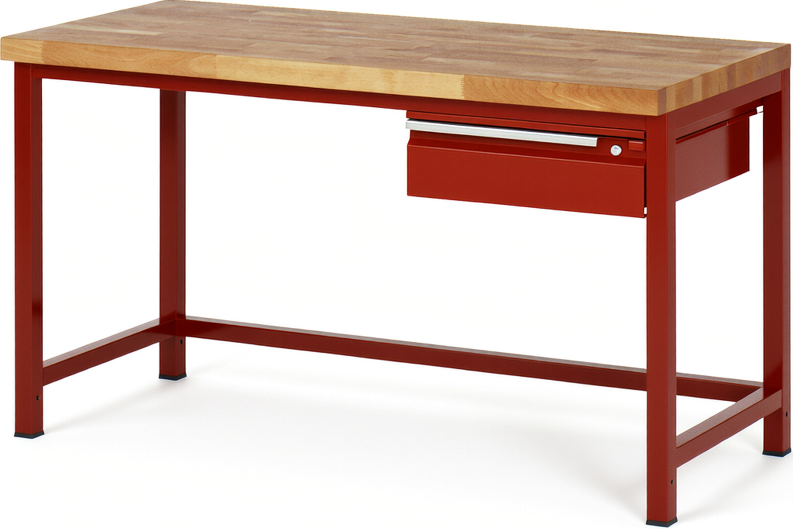 Werkbank rot, BxTxH 1500x700x840-1040 mm, Platte Buche 40 mm, 1 Schublade 150 mm, RAL 3000/3000