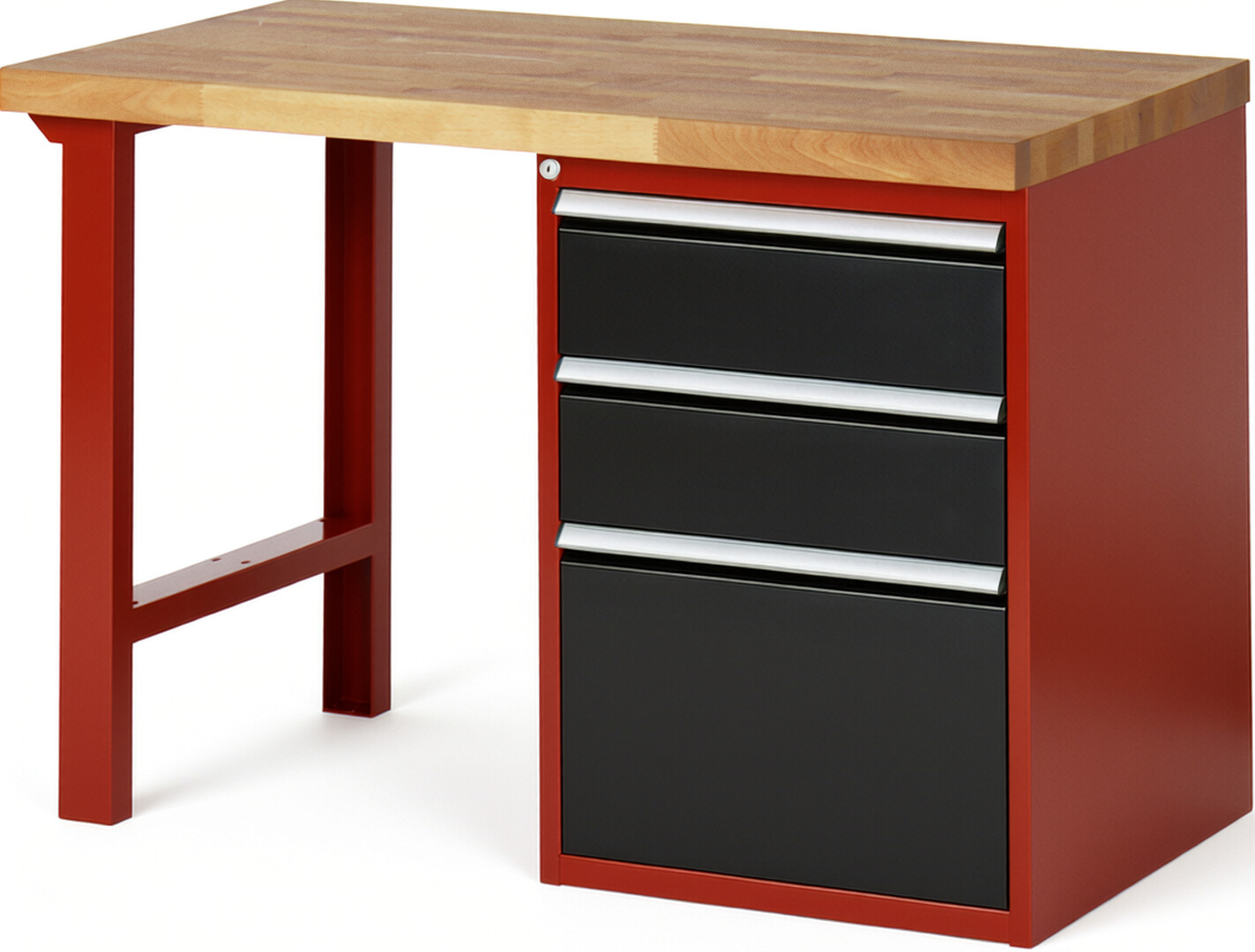 Werkbank Modell 7507 rot - schwarz, BxTxH 1250x700x840 mm,  Buche-Massiv Arbeitsplatte 40 mm,  3 Schubladen mit  Auszug 90 %