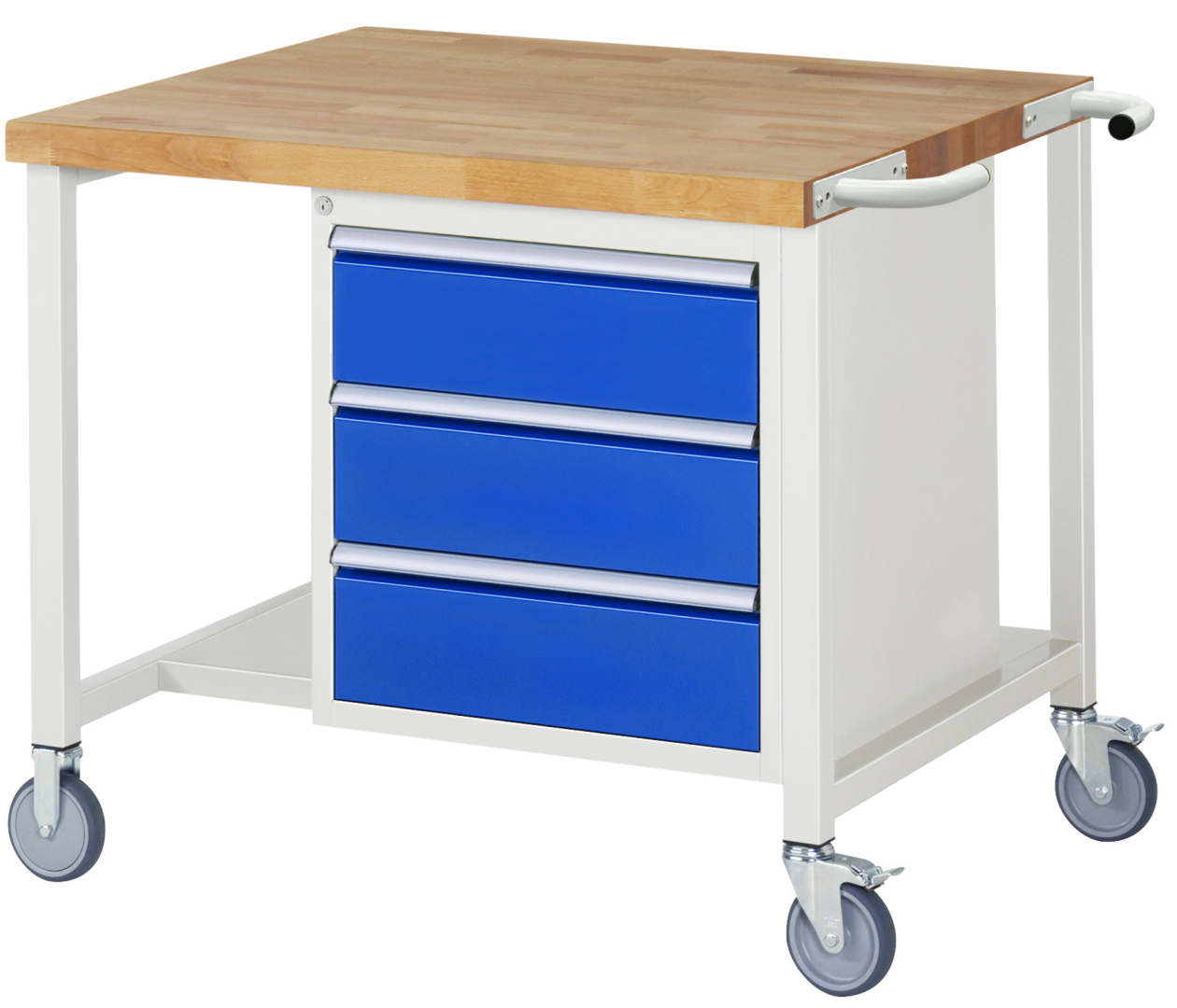 Fahrbare Werkbank Modell 8157,  BxTxH 1000x900x880-1080 mm,  Buche-Massiv Arbeitsplatte 40 mm,  3 Schubladen mit  Vollauszug 100 % und  SoftClosing
