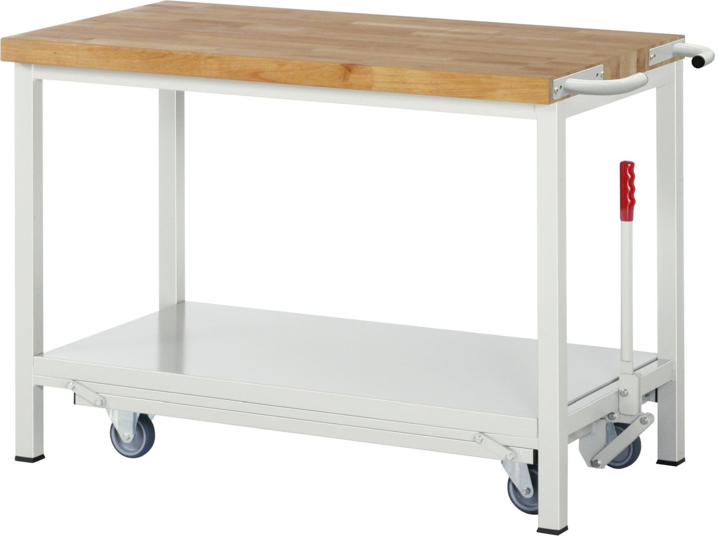 Absenkbare Werkbank Modell 8257 rot, BxTxH 1500x700x880 mm,  Buche-Massiv Arbeitsplatte 40 mm,  3 Schubladen mit  Vollauszug 100 % und  SoftClosing