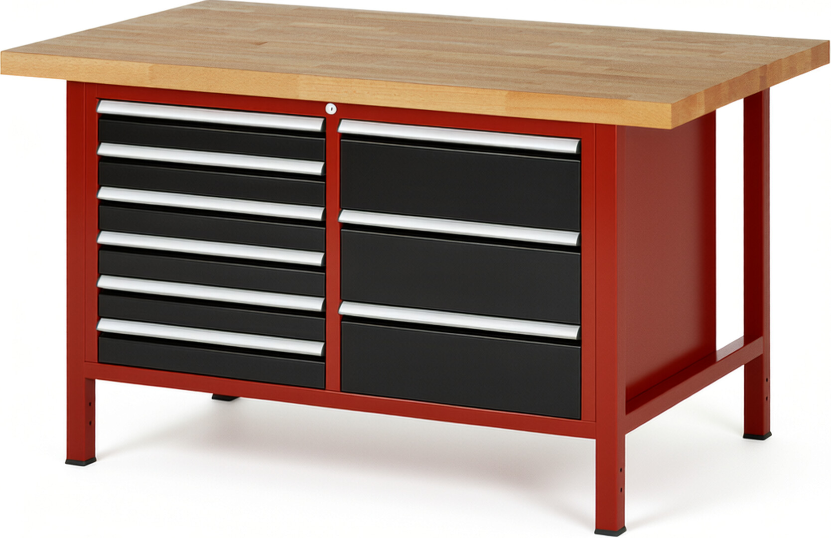 RAU Werkbank rot - schwarz - Breite 150 cm - Tiefe 90 cm - Höhe 104 cm - Buche-Massiv Arbeitsplatte 40 mm