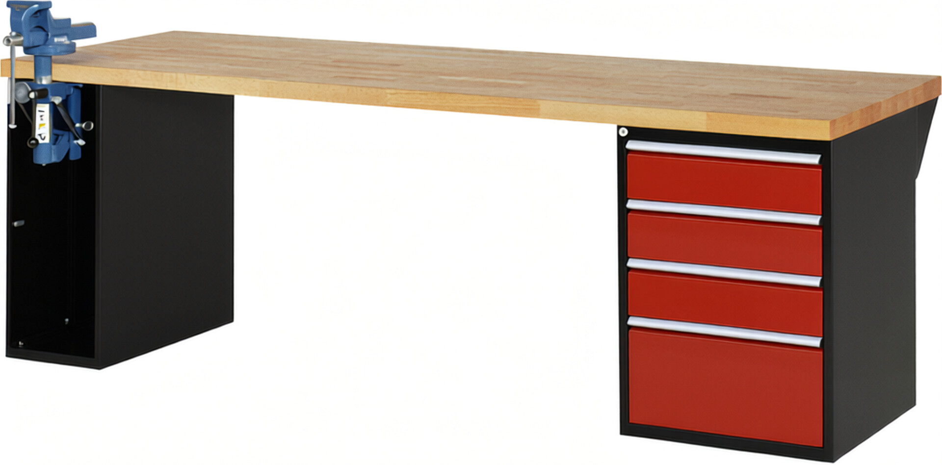 RAU Werkbank schwarz - rot - Breite 250 cm - Tiefe 90 cm - Höhe 84 cm - Buche-Massiv Arbeitsplatte 40 mm