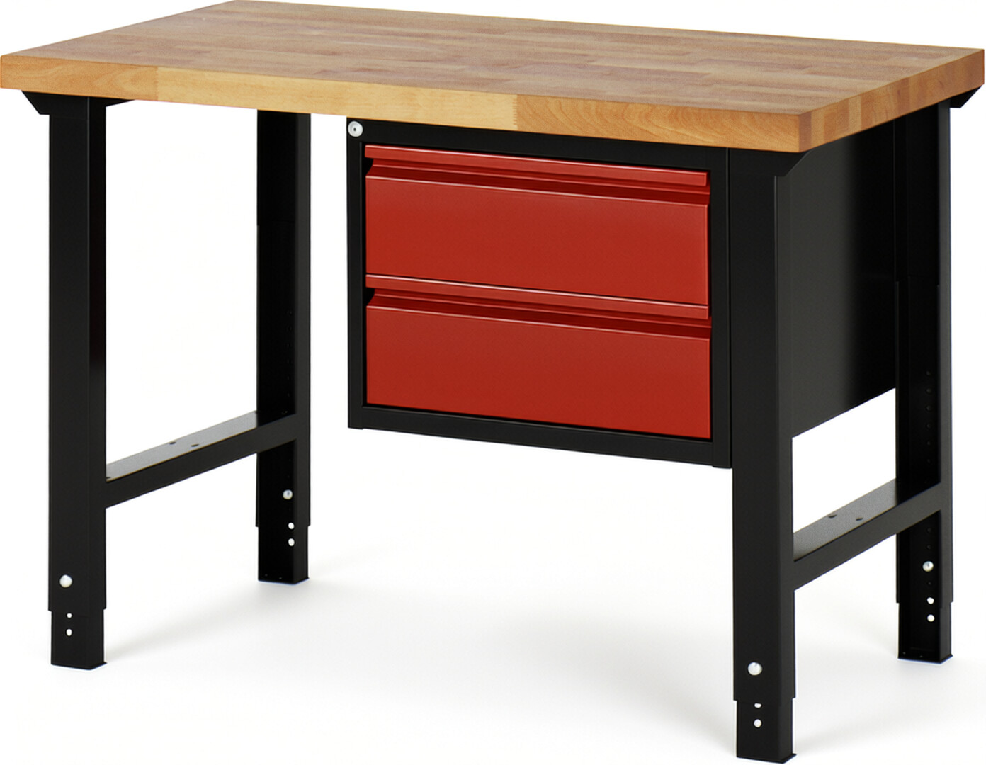 Werkbank schwarz - rot, Breite 125 cm, Tiefe 70 cm, Höhe 114 cm, 2 Schublade(n), Platte: Buche-Massiv-Arbeitsplatte