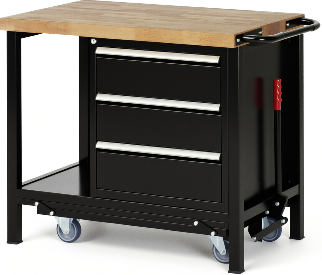 Absenkbare Werkbank Modell 8157 schwarz, BxTxH 1000x700x880 mm,  Buche-Massiv Arbeitsplatte 40 mm,  3 Schubladen mit  Vollauszug 100 % und  SoftClosing
