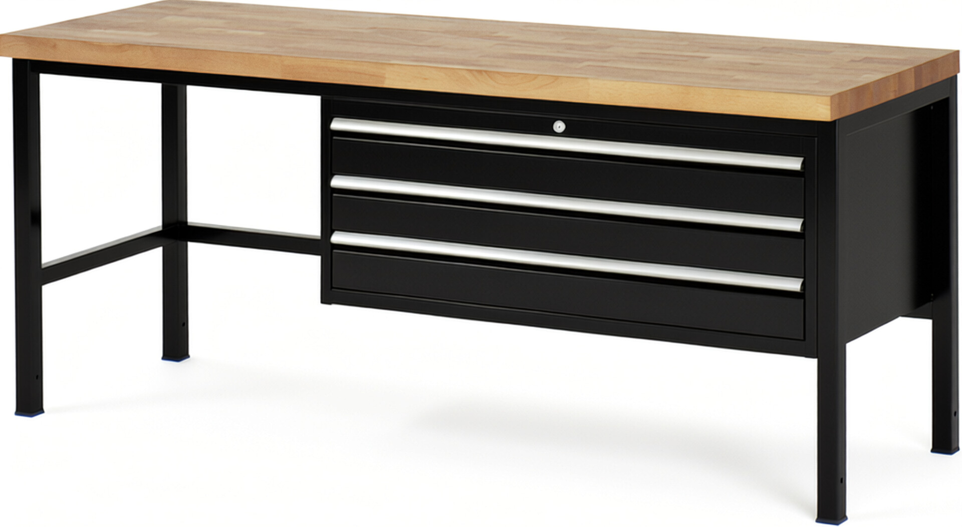 Werkbank Modell 8327 schwarz, BxTxH 2000x700x840 mm,  Buche-Massiv Arbeitsplatte 40 mm,  3 Schubladen mit  Auszug 90 %