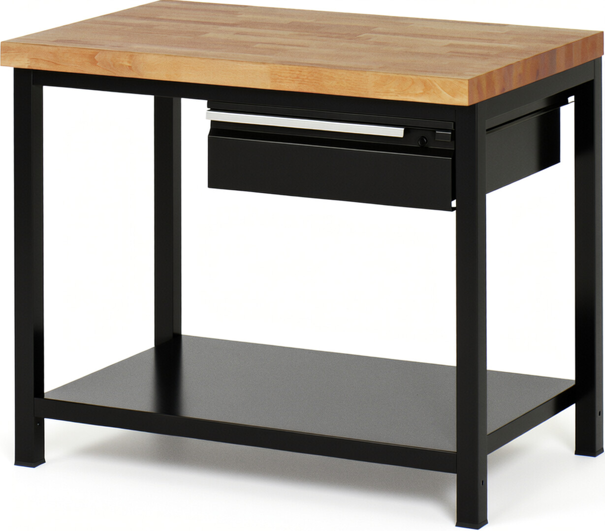 Werkbank schwarz, BxTxH 1000x700x840-1040 mm, Platte Buche 40 mm, inkl. Stahlblech-Ablageboden, 1x 150 mm Hängeschublade, RAL 9011/9011