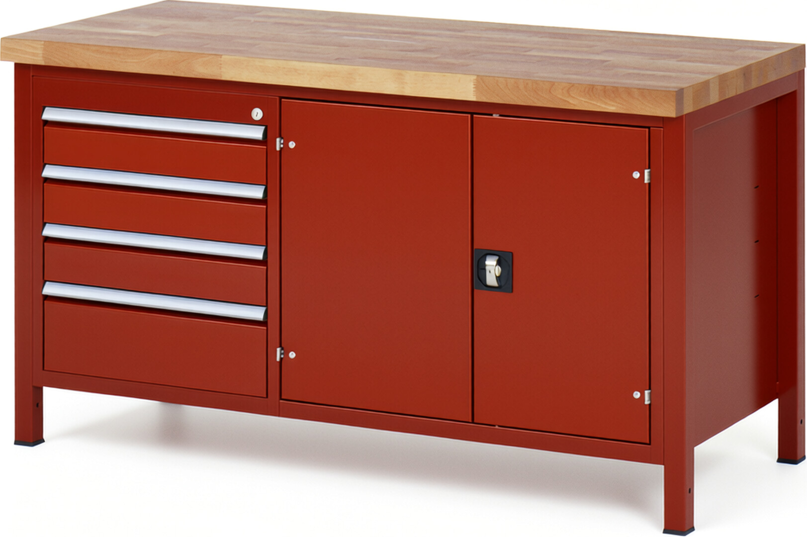 Werkbank Modell 8905 rot, BxTxH 1500x700x840 mm,  Buche-Massiv Arbeitsplatte 40 mm,  4 Schubladen mit  Vollauszug 100 % und  SoftClosing