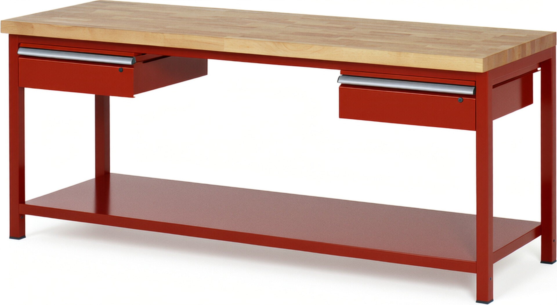 Werkbank Modell 8002 rot, BxTxH 2000x700x840 mm,  Buche-Massiv Arbeitsplatte 40 mm,  2 Schubladen mit  Auszug 90 %
