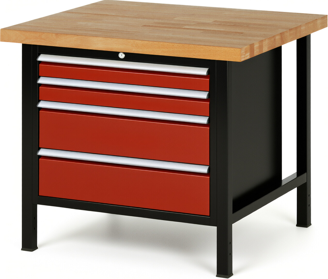 Werkbank Modell 8261 schwarz-rot, BxTxH 1000x900x840-1040 mm,  Buche-Massiv Arbeitsplatte 40 mm,  4 Schubladen mit  Vollauszug 100 % und  SoftClosing
