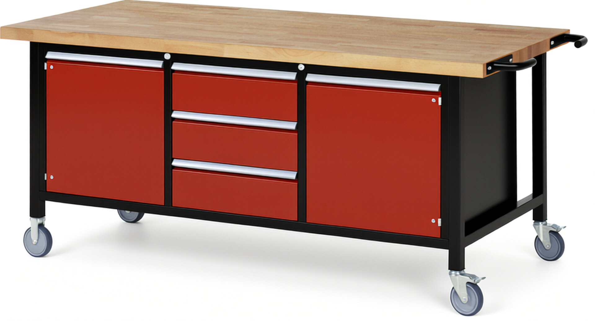 Fahrbare Werkbank Modell 8569 schwarz-rot, BxTxH 2000x900x880 mm,  Buche-Massiv Arbeitsplatte 40 mm,  3 Schubladen mit  Vollauszug 100 % und  SoftClosing