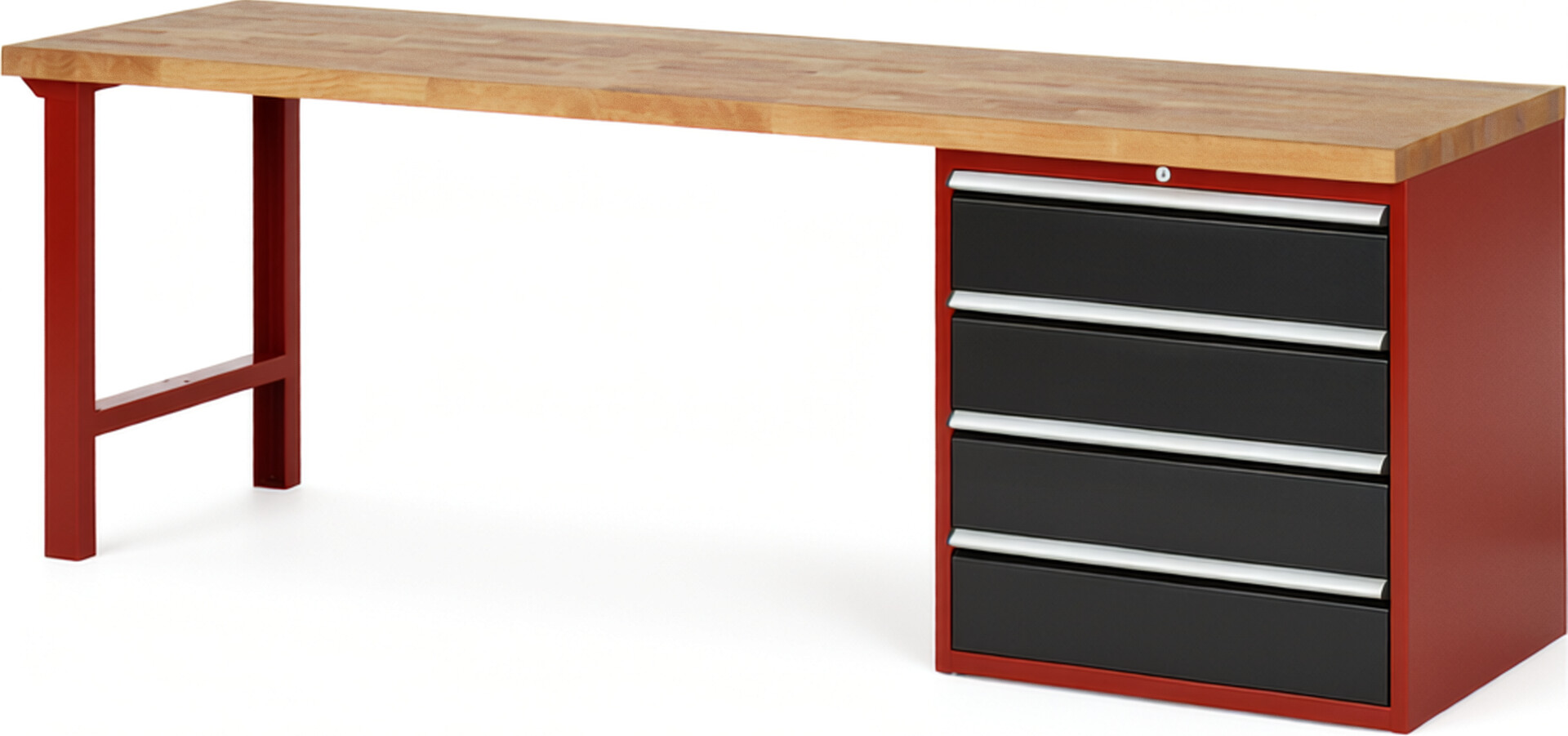 RAU Werkbank rot - schwarz - Breite 250 cm - Tiefe 70 cm - Höhe 84 cm - Buche-Massiv Arbeitsplatte 40 mm